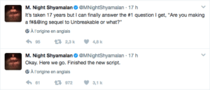M. Night Shyamalan annonce une suite pour Split et Incassable