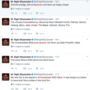 M. Night Shyamalan annonce une suite pour Split et Incassable