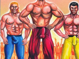 Trois hommes blancs cisgenres musculeux avec des énormes sexe moulés par leur pantalon