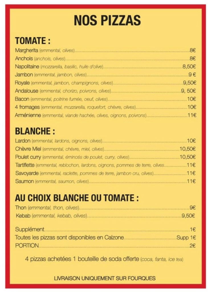 La carte des pizzas proposées par l'Arène des pizzas / ©Andy Younes