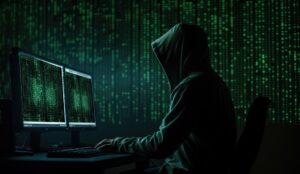 Image libre de droit d'un hacker. Devant son ordinateur, rempli de lignes de code